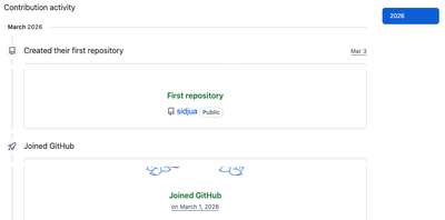 GitHub profile showing repository created March 3, 2026 and account joined March 1, 2026